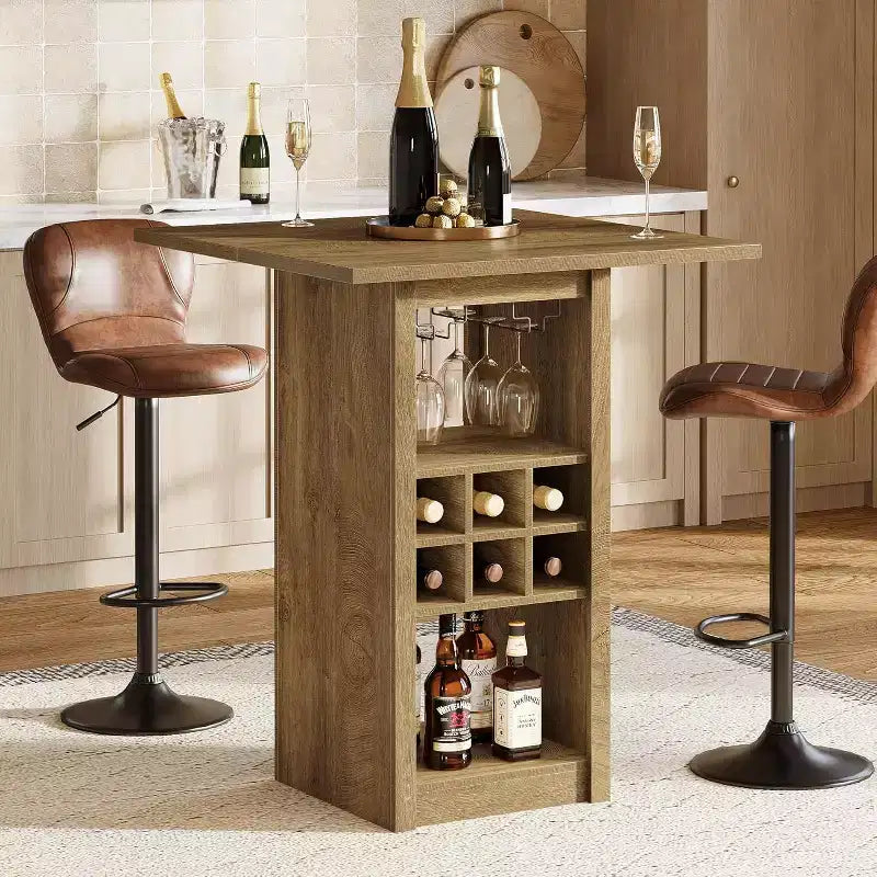 Tavolo da Bar Quadrato da 31,5 Pollici, Mobile Bar Domestico in Legno a 4 Livelli con Portabicchieri, Portabottiglie e Ripiani per Bistrò