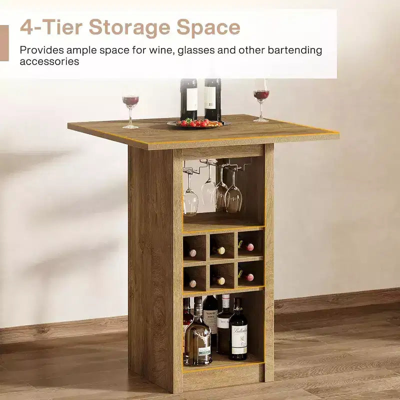 Tavolo da Bar Quadrato da 31,5 Pollici, Mobile Bar Domestico in Legno a 4 Livelli con Portabicchieri, Portabottiglie e Ripiani per Bistrò