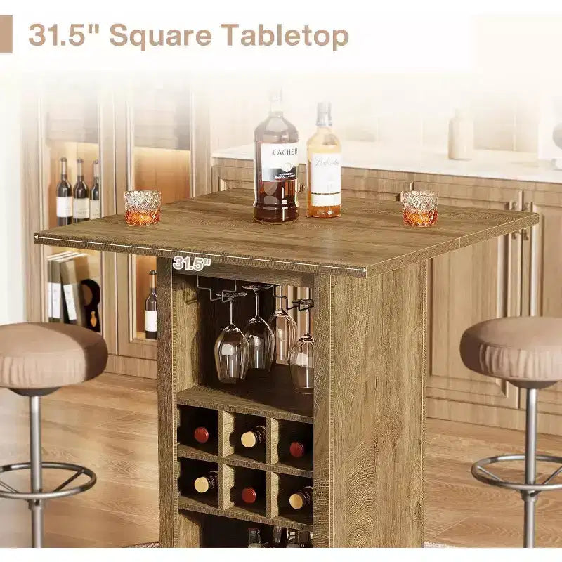 Tavolo da Bar Quadrato da 31,5 Pollici, Mobile Bar Domestico in Legno a 4 Livelli con Portabicchieri, Portabottiglie e Ripiani per Bistrò