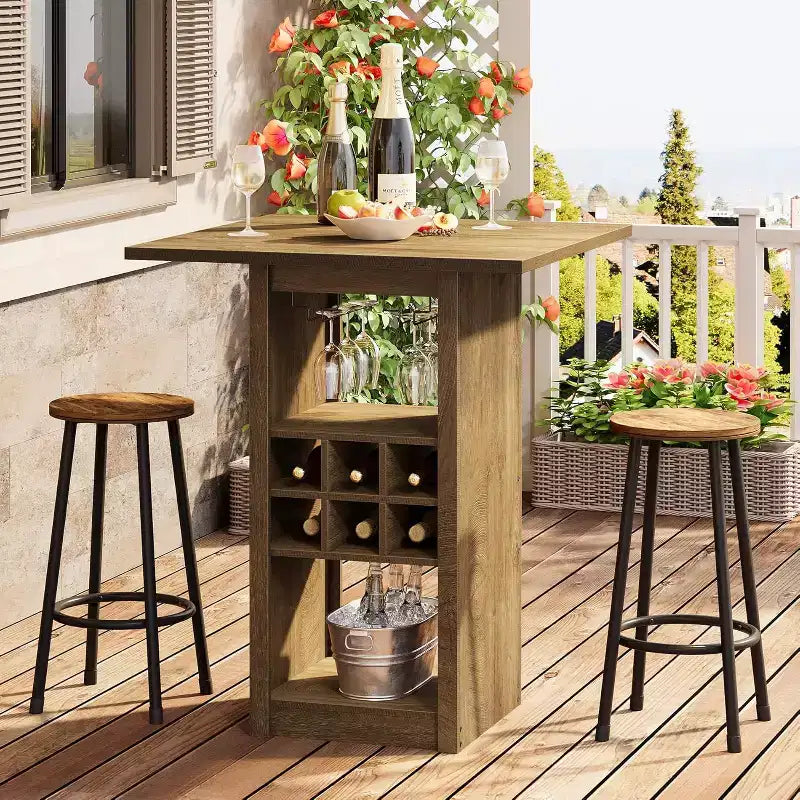 Tavolo da Bar Quadrato da 31,5 Pollici, Mobile Bar Domestico in Legno a 4 Livelli con Portabicchieri, Portabottiglie e Ripiani per Bistrò