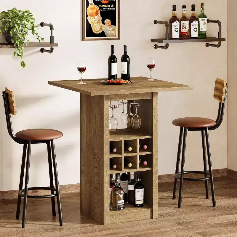 Tavolo da Bar Quadrato da 31,5 Pollici, Mobile Bar Domestico in Legno a 4 Livelli con Portabicchieri, Portabottiglie e Ripiani per Bistrò
