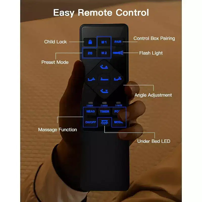 Rete matrimoniale regolabile con massaggio, altezza ridotta e modalità gravità zero, letto elettrico con inclinazione testa e piedi, telecomando wireless