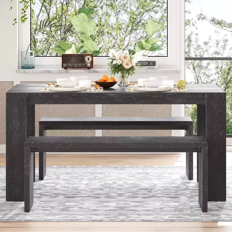 Set da Pranzo Semplice in Stile Rustico, Tavolo da Pranzo e 2 Panche, per Sala da Pranzo, Cucina e Soggiorno