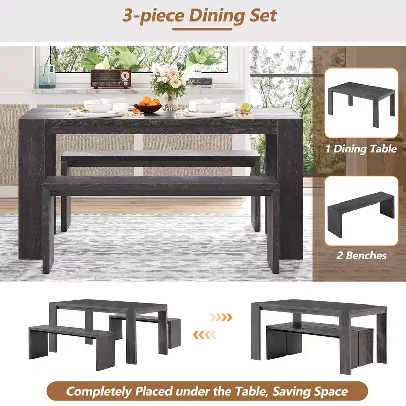 Set da Pranzo Semplice in Stile Rustico, Tavolo da Pranzo e 2 Panche, per Sala da Pranzo, Cucina e Soggiorno