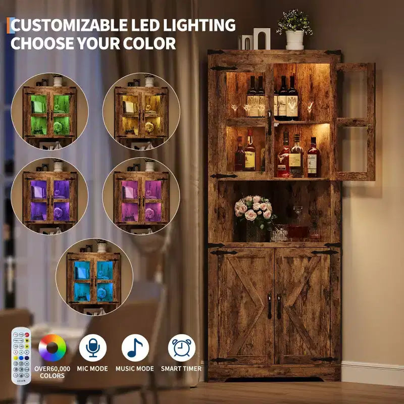 67 in Tall Corner Storage Cabinet with Lights, Farmhouse Corner Hutch Display Cabinet with Glass Doors, Wooden Storage Organizer for Kitchen, Bathroom