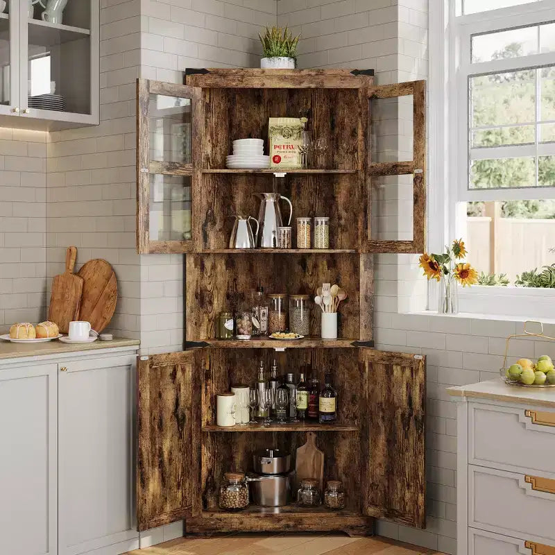 67 in Tall Corner Storage Cabinet with Lights, Farmhouse Corner Hutch Display Cabinet with Glass Doors, Wooden Storage Organizer for Kitchen, Bathroom