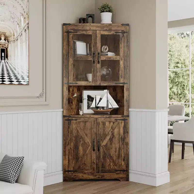 67 in Tall Corner Storage Cabinet with Lights, Farmhouse Corner Hutch Display Cabinet with Glass Doors, Wooden Storage Organizer for Kitchen, Bathroom