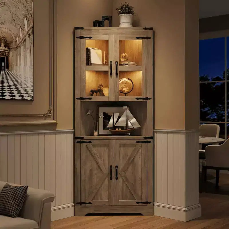 67 in Tall Corner Storage Cabinet with Lights, Farmhouse Corner Hutch Display Cabinet with Glass Doors, Wooden Storage Organizer for Kitchen, Bathroom