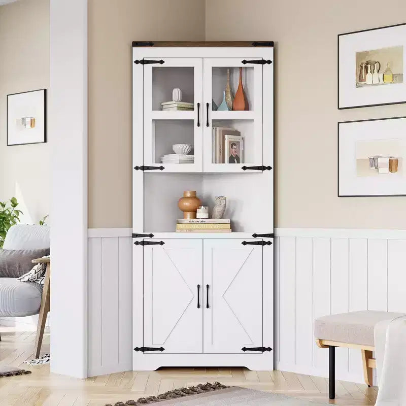 67 in Tall Corner Storage Cabinet with Lights, Farmhouse Corner Hutch Display Cabinet with Glass Doors, Wooden Storage Organizer for Kitchen, Bathroom