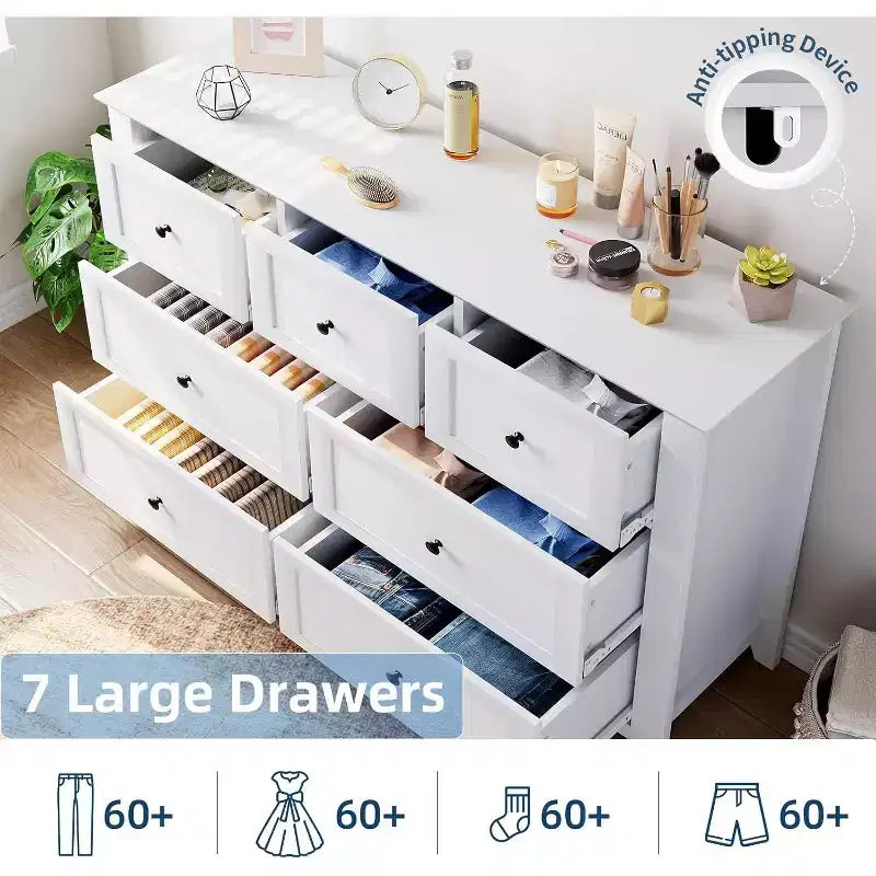 Cassettiera a 7 cassetti, larghezza 137 cm, per camera da letto, moderna cassettiera con contenitori profondi, organizer per vestiti per soggiorno, corridoio