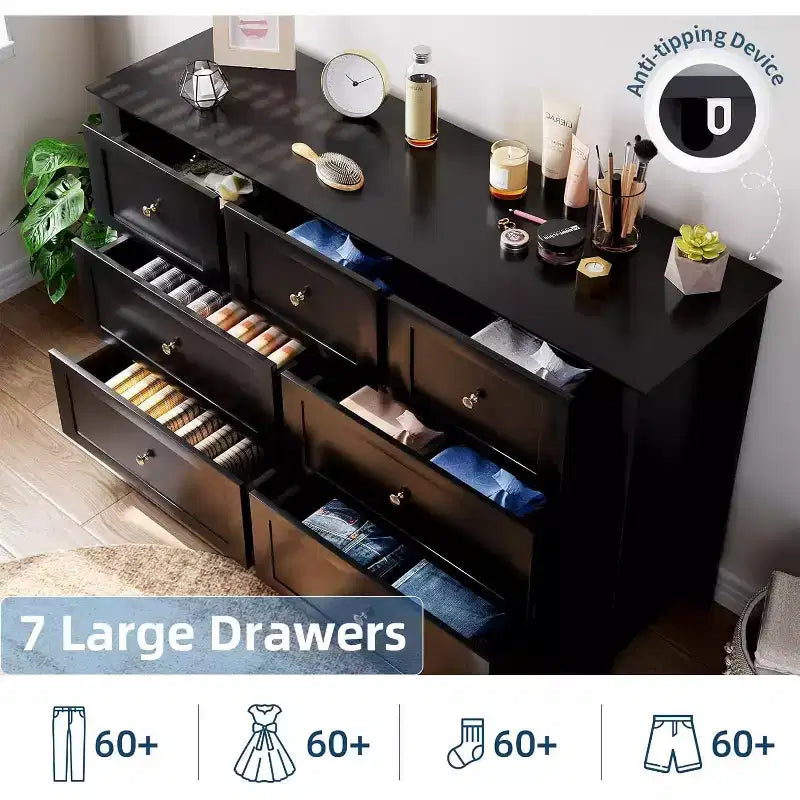 Cassettiera a 7 cassetti, larghezza 137 cm, per camera da letto, moderna cassettiera con contenitori profondi, organizer per vestiti per soggiorno, corridoio