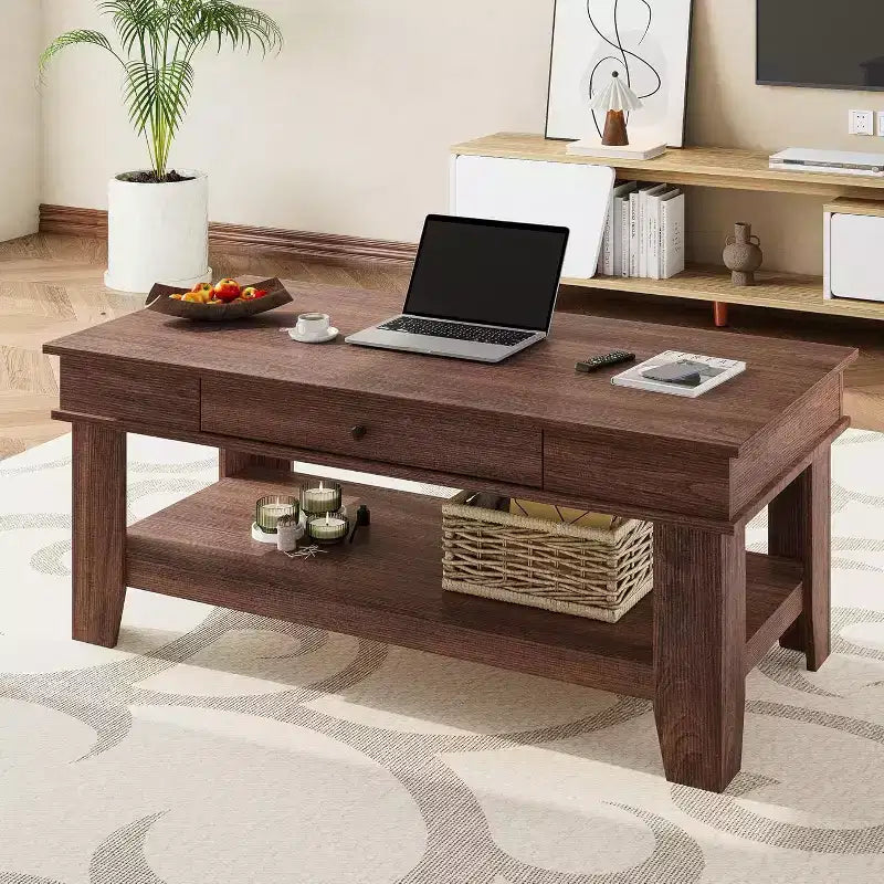 Tavolino da caffè rustico rettangolare - Tavolino da centro soggiorno con cassetto e ripiano aperto, struttura stabile a 4 gambe, design robusto per riporre oggetti