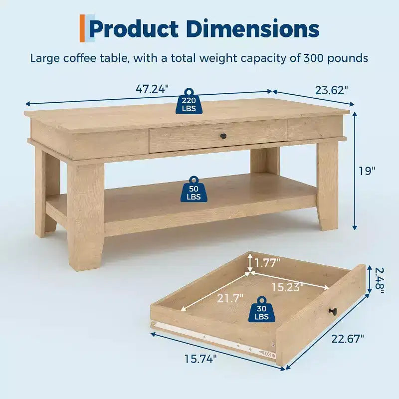Tavolino da caffè rustico rettangolare - Tavolino da centro soggiorno con cassetto e ripiano aperto, struttura stabile a 4 gambe, design robusto per riporre oggetti