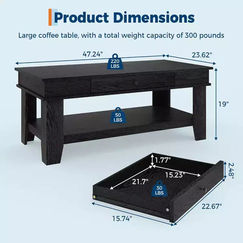 Tavolino da caffè rustico rettangolare - Tavolino da centro soggiorno con cassetto e ripiano aperto, struttura stabile a 4 gambe, design robusto per riporre oggetti