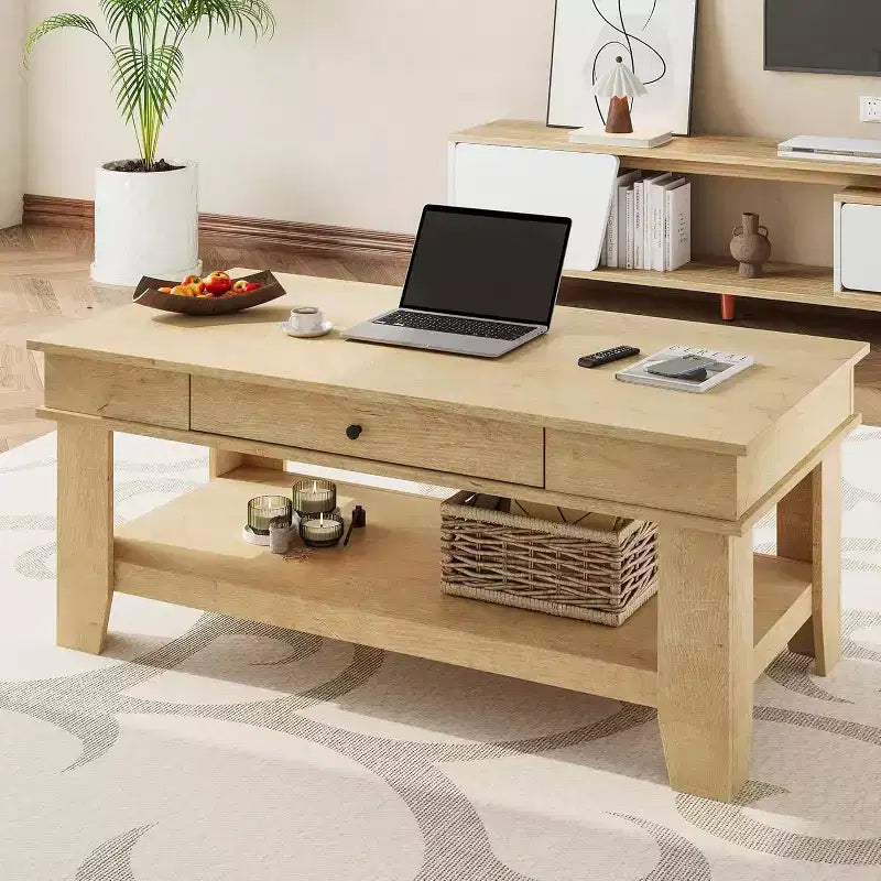 Tavolino da caffè rustico rettangolare - Tavolino da centro soggiorno con cassetto e ripiano aperto, struttura stabile a 4 gambe, design robusto per riporre oggetti