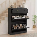Acekool 42 Fluted Shoe Cabinet, Black Tall Narrow Shoe Organizer with 2 Flip Drawers & Top Drawer for Entryway