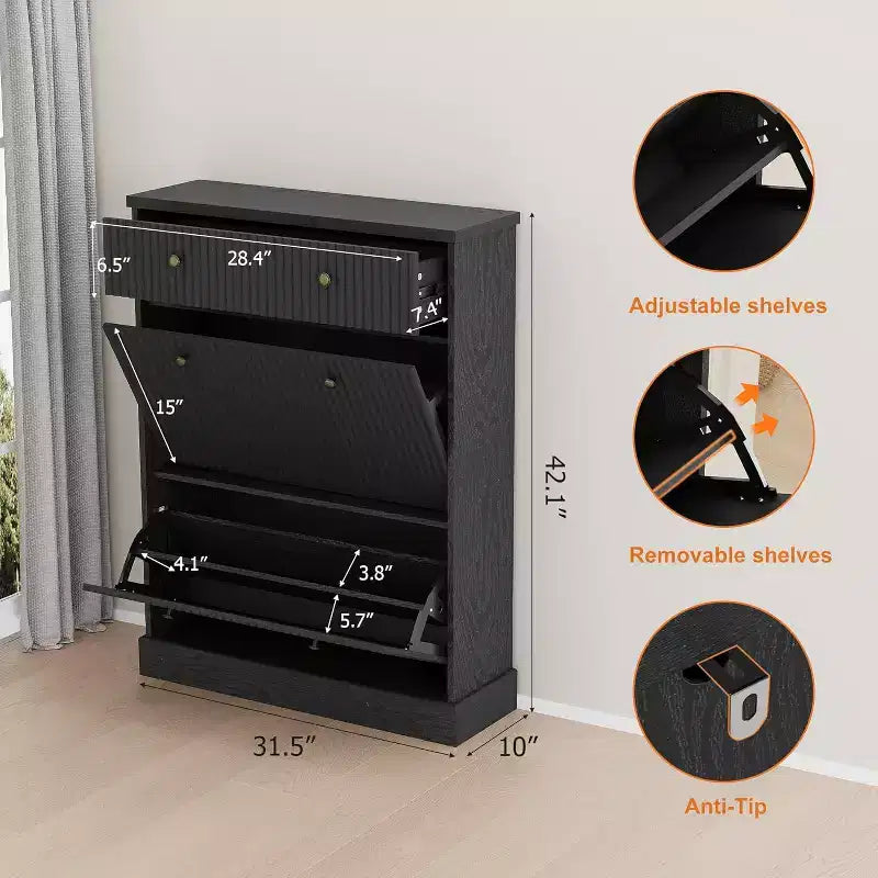 Scarpiera a 42 scanalature, mobile portascarpe alto e stretto nero con 2 cassetti a ribalta e cassetto superiore per l'ingresso