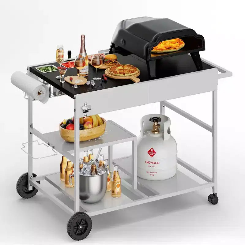 Celebalcony Pizza Oven Cart with Topping Station, Outdoor Grill Table Kitchen Island with Storage for Ninja Blackstone Griddle etc Grill, Silver