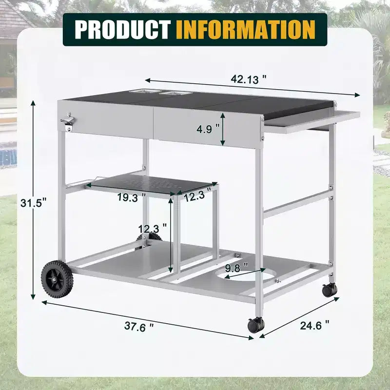 Carrello per forno pizza con stazione per condimenti, isola da cucina con tavolo per griglia da esterno e contenitore per griglia Ninja Blackstone ecc., argento