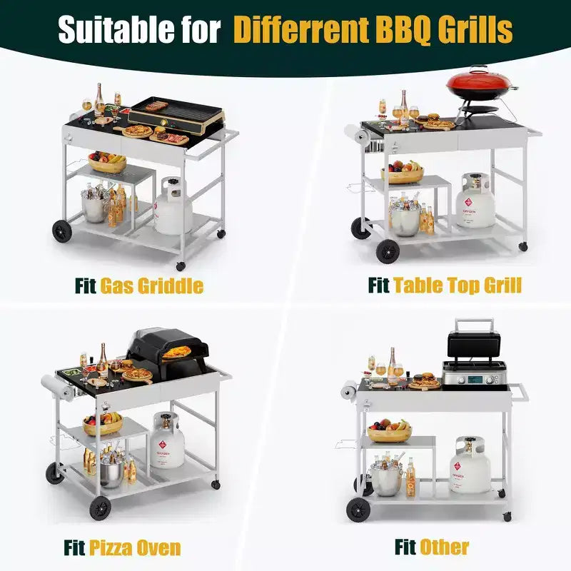 Carrello per forno pizza con stazione per condimenti, isola da cucina con tavolo per griglia da esterno e contenitore per griglia Ninja Blackstone ecc., argento