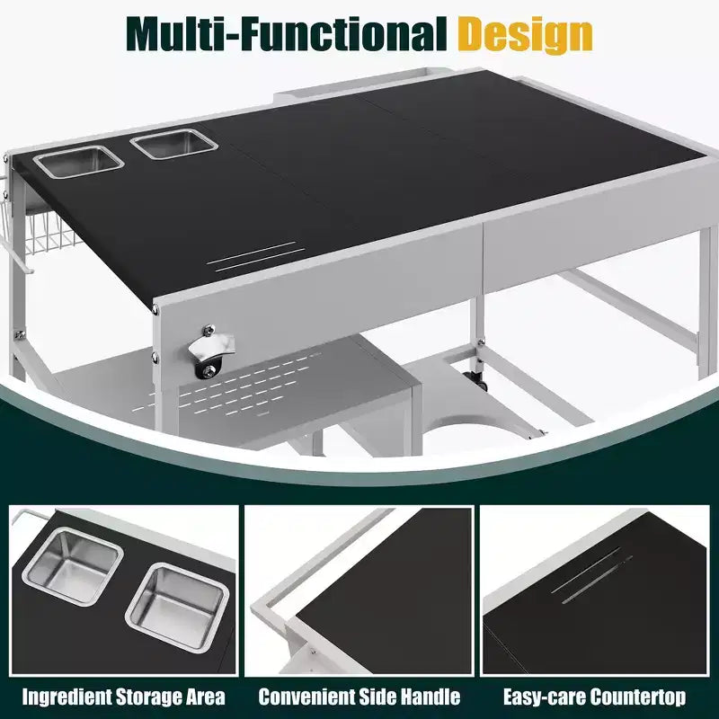 Carrello per forno pizza con stazione per condimenti, isola da cucina con tavolo per griglia da esterno e contenitore per griglia Ninja Blackstone ecc., argento