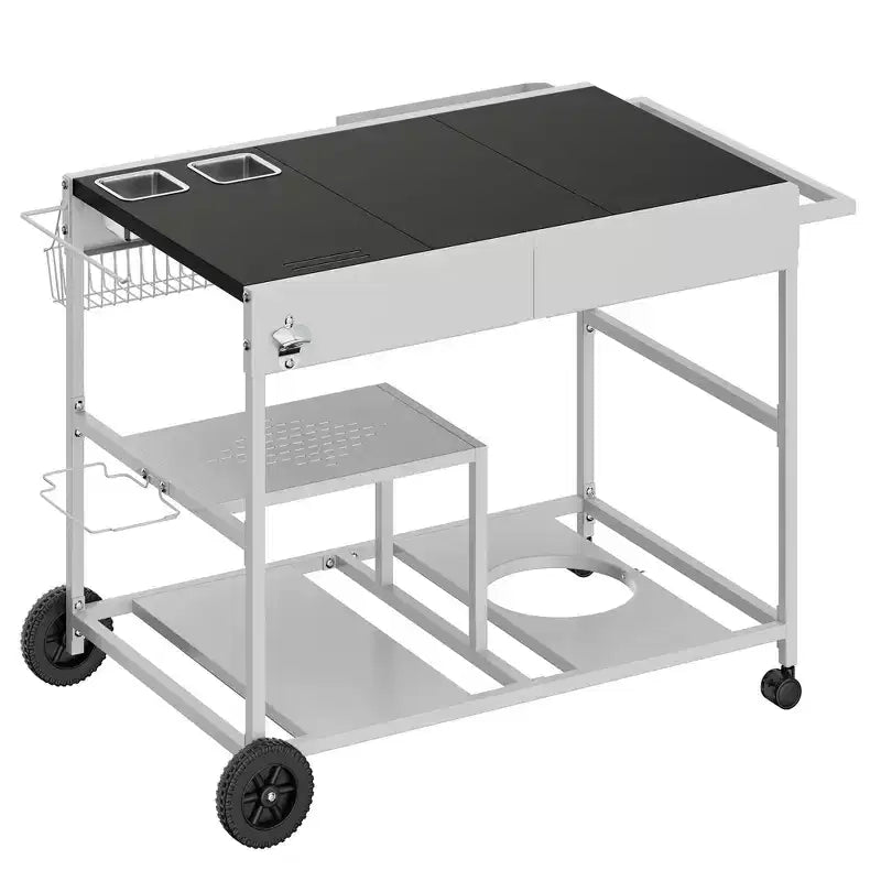 Carrello per forno pizza con stazione per condimenti, isola da cucina con tavolo per griglia da esterno e contenitore per griglia Ninja Blackstone ecc., argento