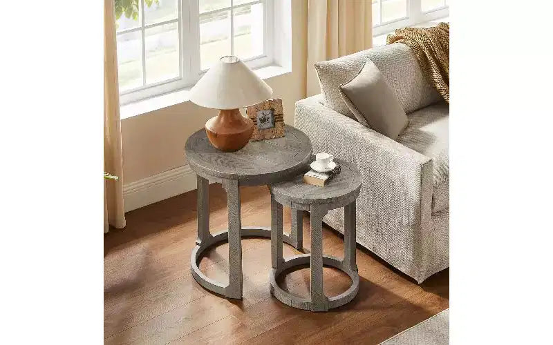 Set di 2 tavolini rotondi a diverse altezze, tavolino centrale in legno massello e MDF, tavolino d'appoggio artistico curvo per soggiorno e camera da letto
