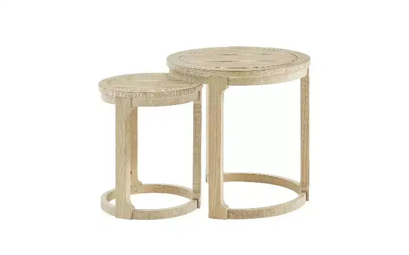 Set di 2 tavolini rotondi a diverse altezze, tavolino centrale in legno massello e MDF, tavolino d'appoggio artistico curvo per soggiorno e camera da letto