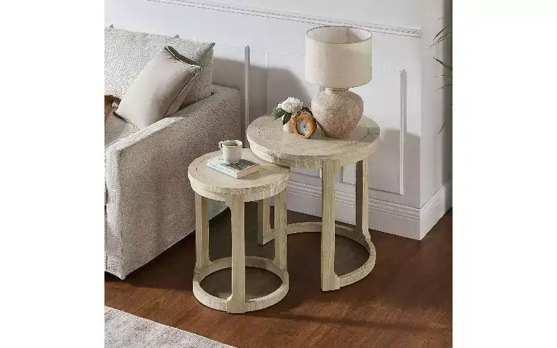 Set di 2 tavolini rotondi a diverse altezze, tavolino centrale in legno massello e MDF, tavolino d'appoggio artistico curvo per soggiorno e camera da letto