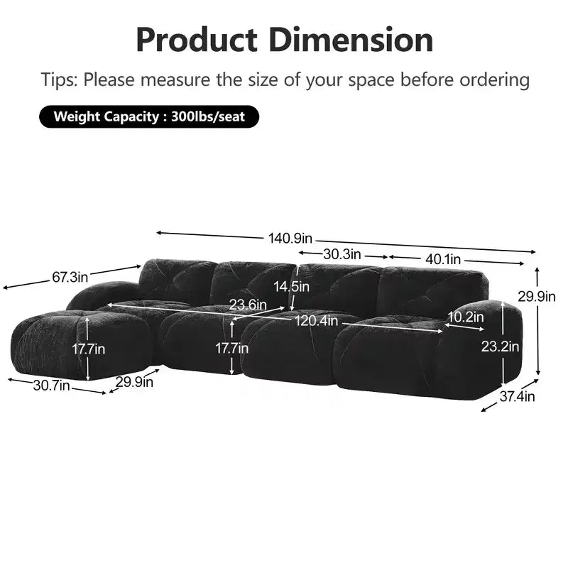 Tessuto in morbido velluto a forma di L, spugna inferiore ad alta densità 32D, design ergonomico inferiore, design antiscivolo, pouf mobile
