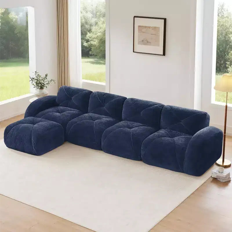 Tessuto in morbido velluto a forma di L, spugna inferiore ad alta densità 32D, design ergonomico inferiore, design antiscivolo, pouf mobile