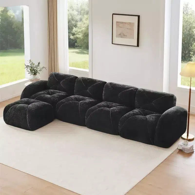 Tessuto in morbido velluto a forma di L, spugna inferiore ad alta densità 32D, design ergonomico inferiore, design antiscivolo, pouf mobile