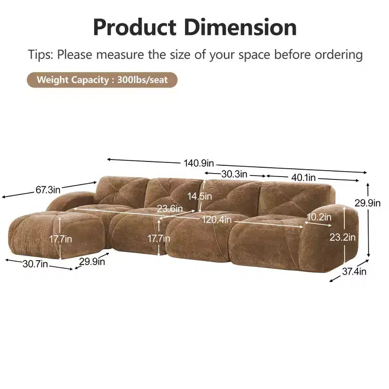 Tessuto in morbido velluto a forma di L, spugna inferiore ad alta densità 32D, design ergonomico inferiore, design antiscivolo, pouf mobile
