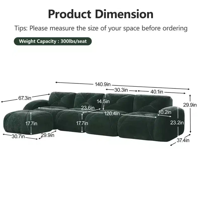 Tessuto in morbido velluto a forma di L, spugna inferiore ad alta densità 32D, design ergonomico inferiore, design antiscivolo, pouf mobile