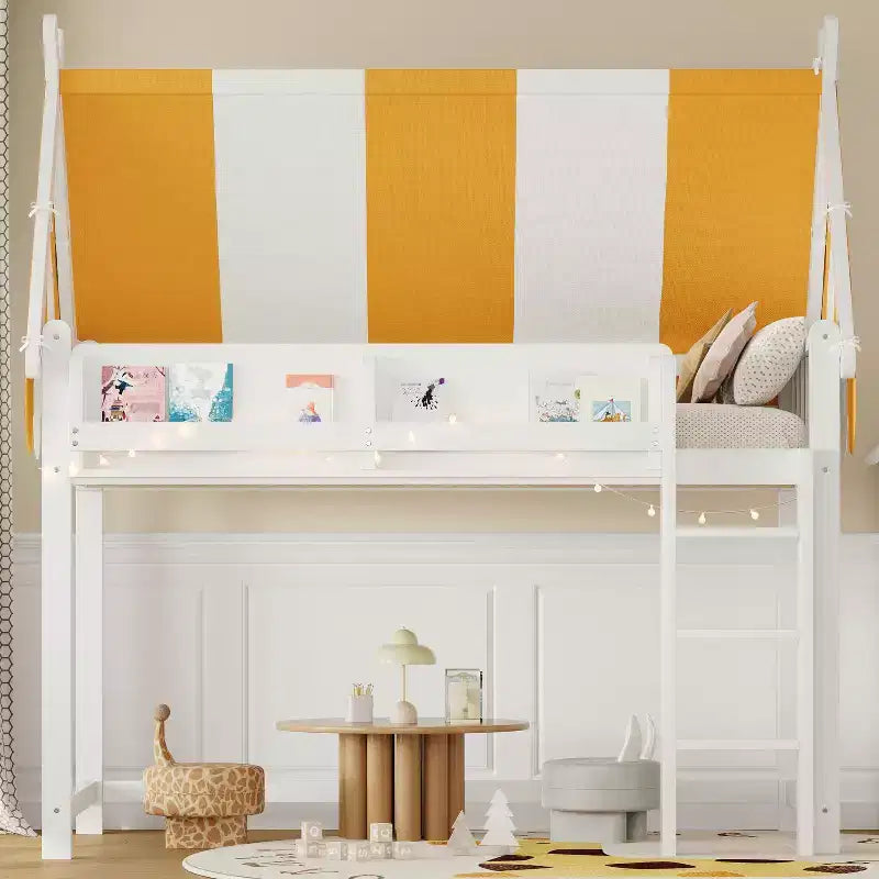 Letto a soppalco per bambini con dosso, luci LED e libreria, misura doppia/matrimoniale
