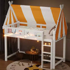 Letto a soppalco per bambini con dosso, luci LED e libreria, misura doppia/matrimoniale