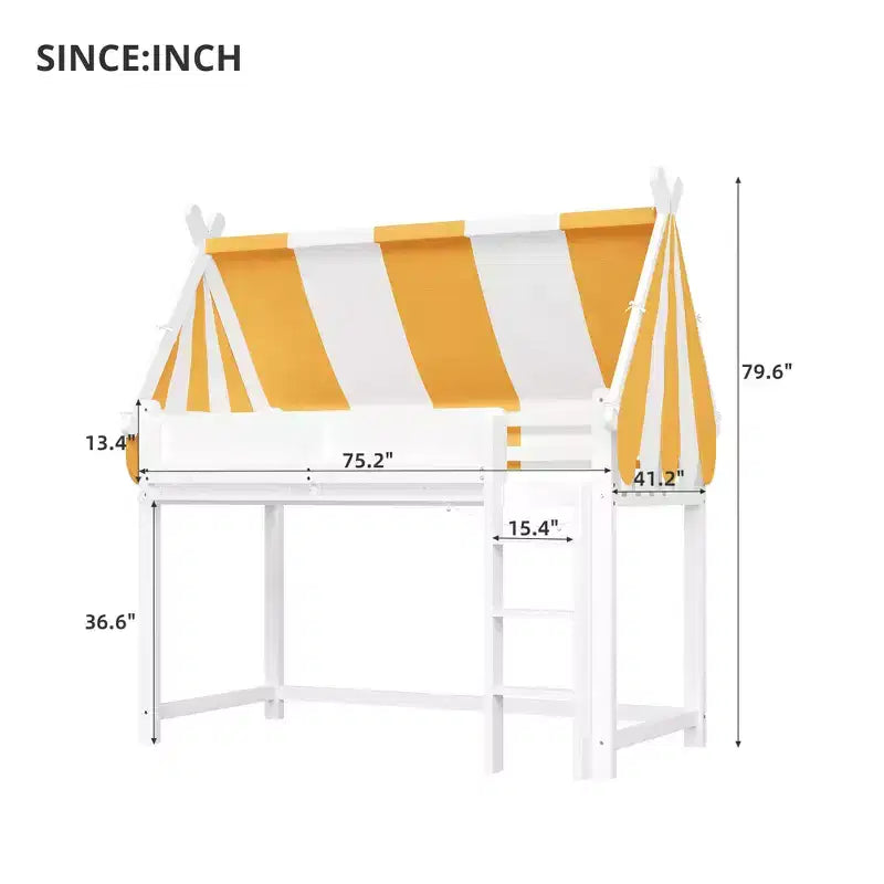 Letto a soppalco per bambini con dosso, luci LED e libreria, misura doppia/matrimoniale
