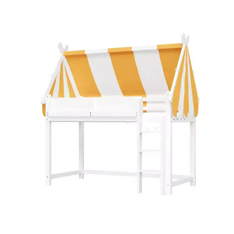 Letto a soppalco per bambini con dosso, luci LED e libreria, misura doppia/matrimoniale