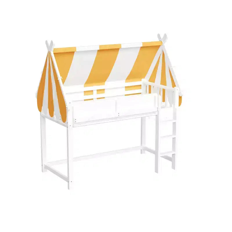 Letto a soppalco per bambini con dosso, luci LED e libreria, misura doppia/matrimoniale