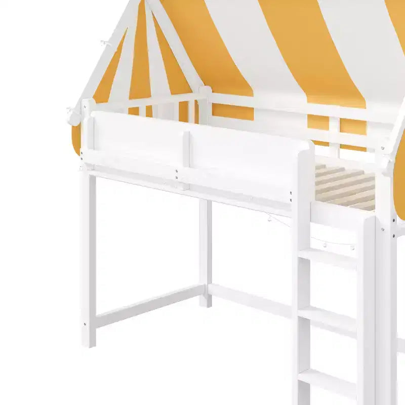 Letto a soppalco per bambini con dosso, luci LED e libreria, misura doppia/matrimoniale