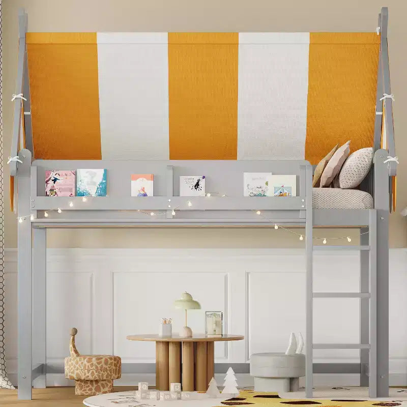 Letto a soppalco per bambini con dosso, luci LED e libreria, misura doppia/matrimoniale