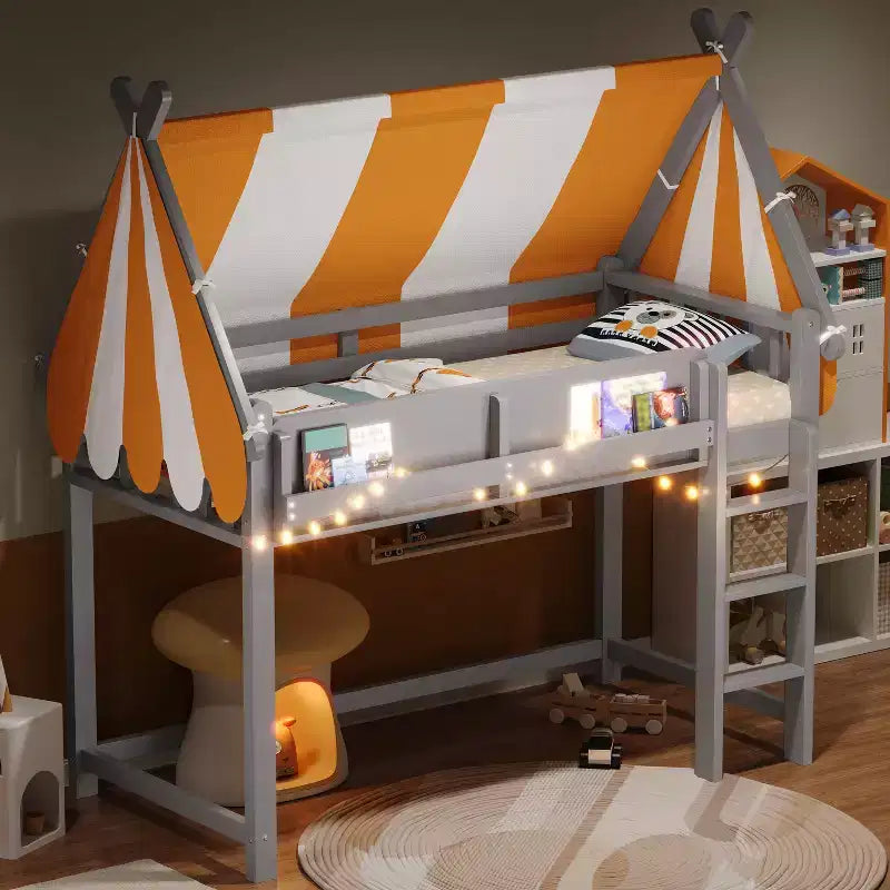 Letto a soppalco per bambini con dosso, luci LED e libreria, misura doppia/matrimoniale