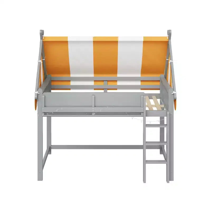 Letto a soppalco per bambini con dosso, luci LED e libreria, misura doppia/matrimoniale