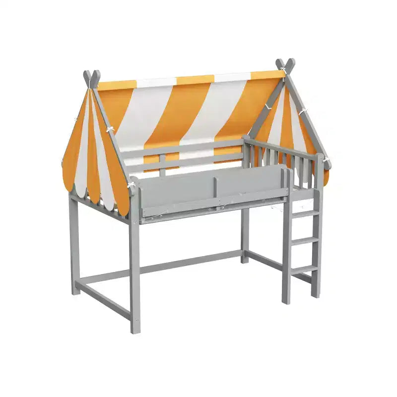 Letto a soppalco per bambini con dosso, luci LED e libreria, misura doppia/matrimoniale