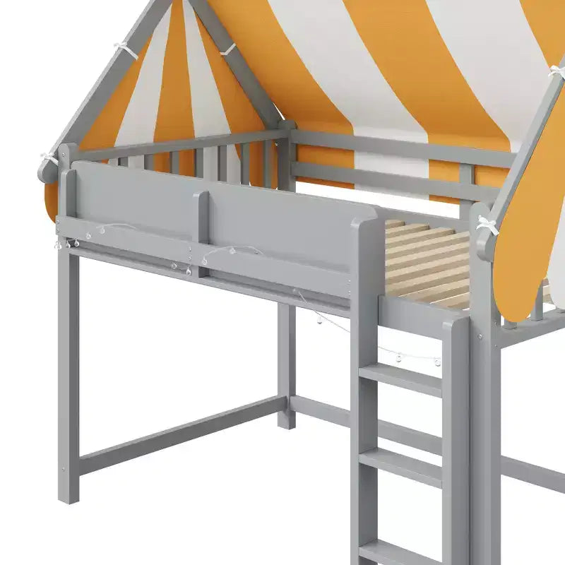 Letto a soppalco per bambini con dosso, luci LED e libreria, misura doppia/matrimoniale