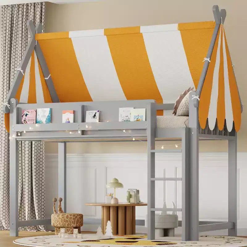Twin/Full Size Loft Bed for Kids with Canopy, LED Lights & Book Shelf - ModernLuxe