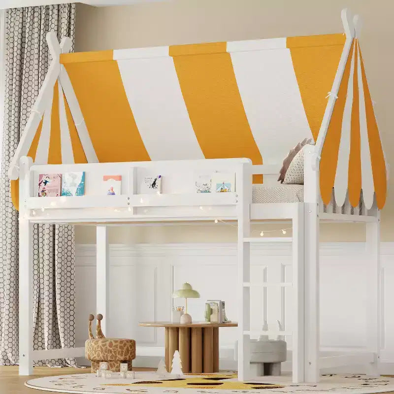 Letto a soppalco per bambini con dosso, luci LED e libreria, misura doppia/matrimoniale