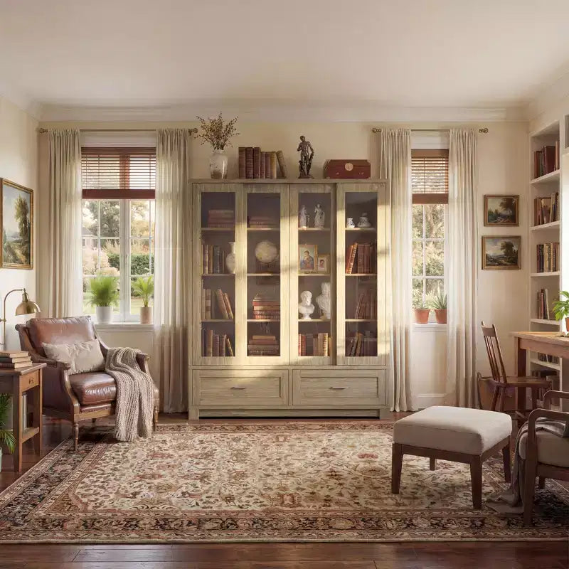 Libreria Espositiva con Finitura Rovere Chiaro: Larghezza 63 cm, Ante Scorrevoli in Vetro + Cassetti Contenitori, Organizer Capiente per Studi e Soggiorni