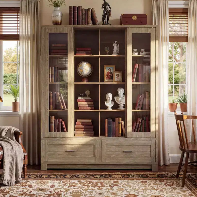Light Oak-Grain Display Bookcase: 63W, Sliding Glass Doors + Drawer Storage Spacious Organizer for Home Libraries & Living Rooms