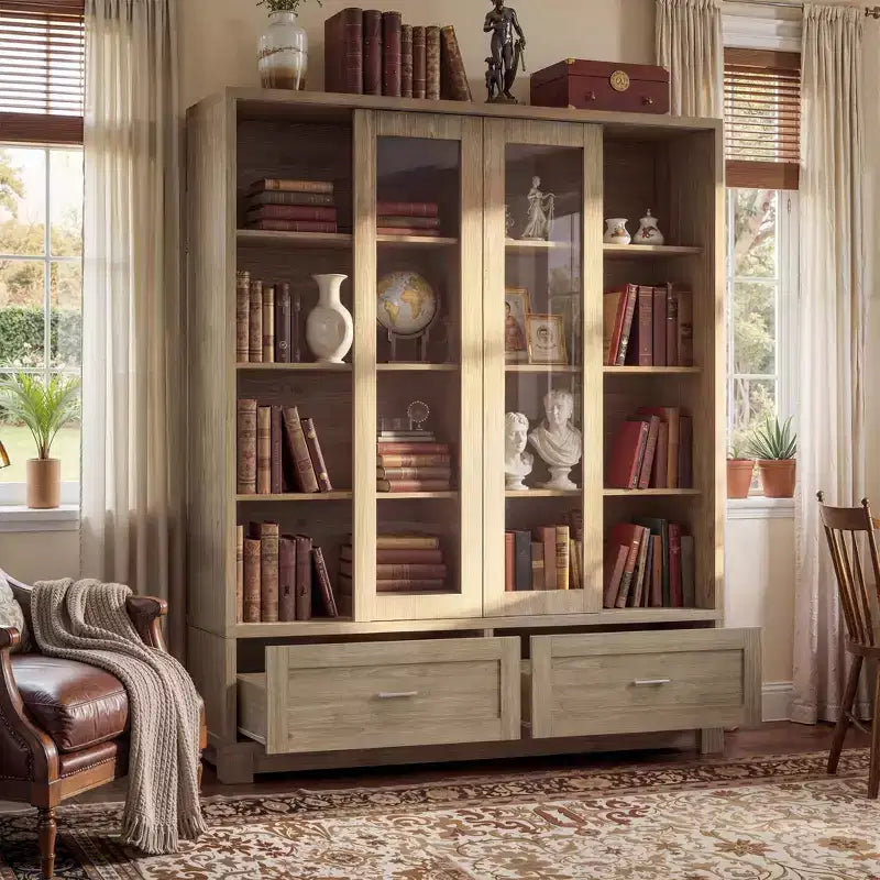 Light Oak-Grain Display Bookcase: 63W, Sliding Glass Doors + Drawer Storage Spacious Organizer for Home Libraries & Living Rooms